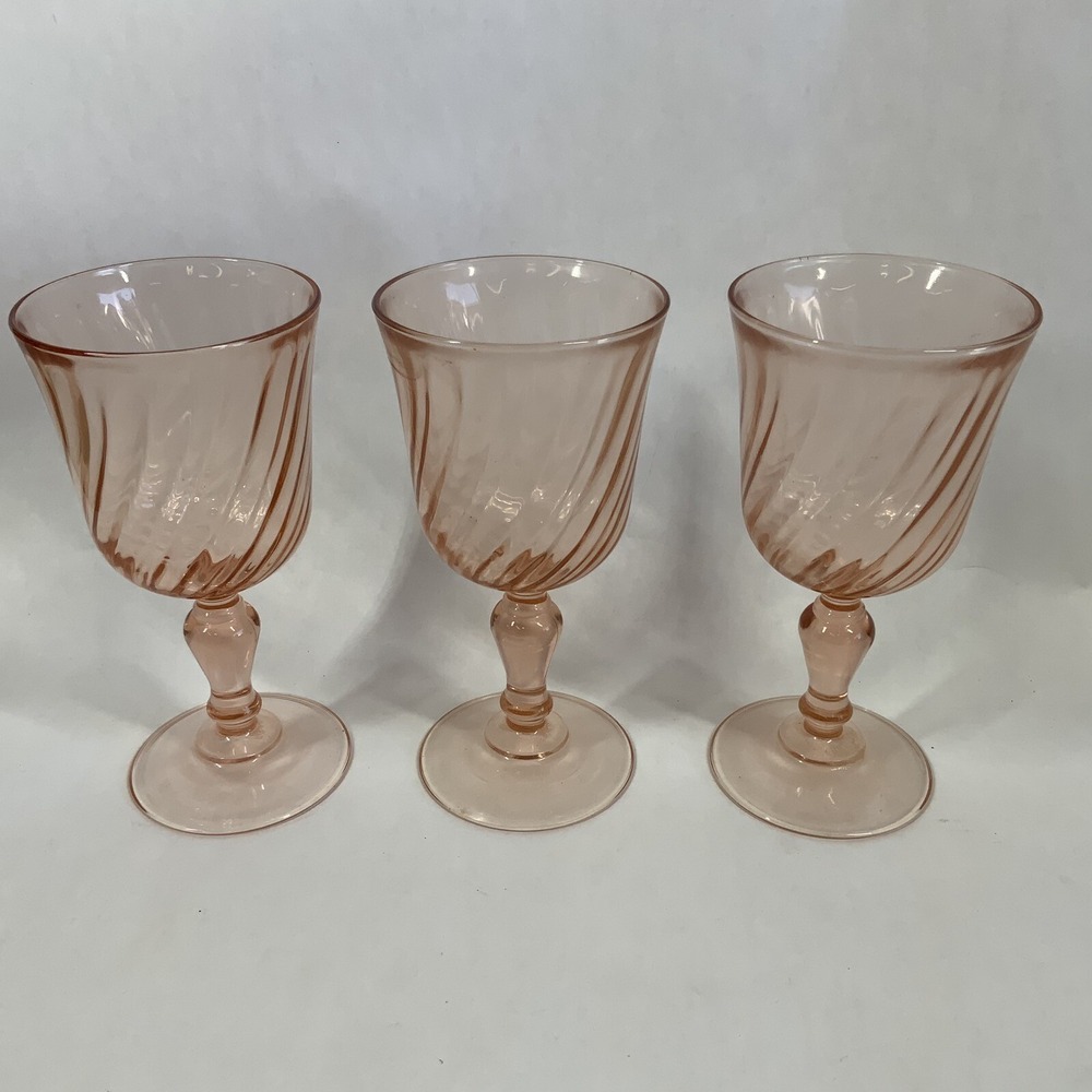 Luminarc France Arcococ Rosaline Pink Swirl 5 3/4" Wine Glasses Lot of 3 Vintage